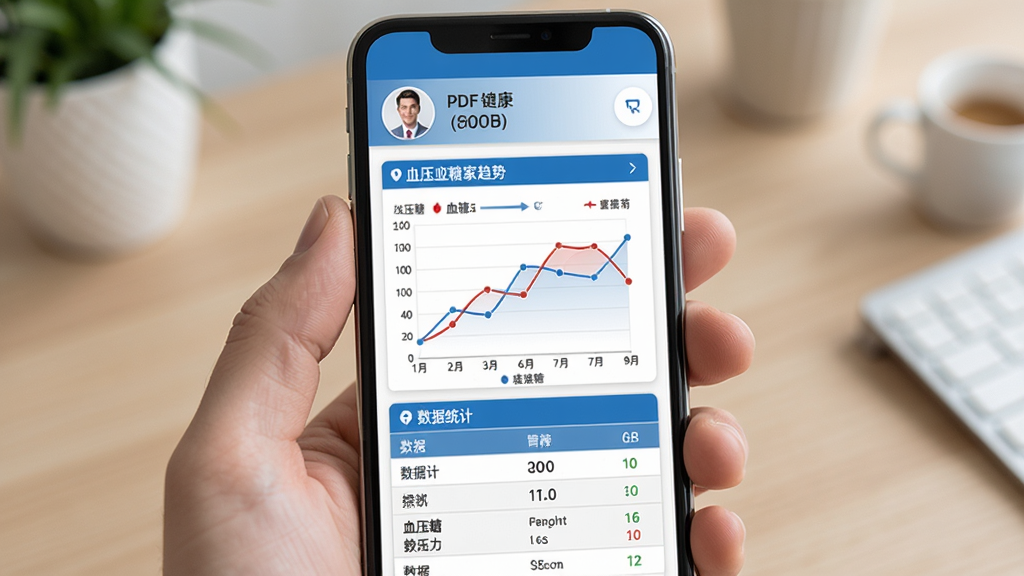 健康追踪管家报告导出界面,手机屏幕展示PDF报告预览页面,上方是用户信息栏,中间是血压血糖趋势折线图,下方是数据统计表格,整体排版清晰,蓝白配色,风格专业简洁,画质干净
