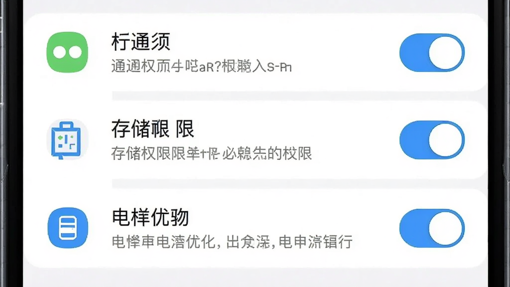 健康追踪管家设置页面截图,手机屏幕显示权限管理界面,包含通知权限、存储权限、电池优化三个选项,每个选项旁边有开关按钮和说明文字,界面简洁,蓝白配色,图标清晰