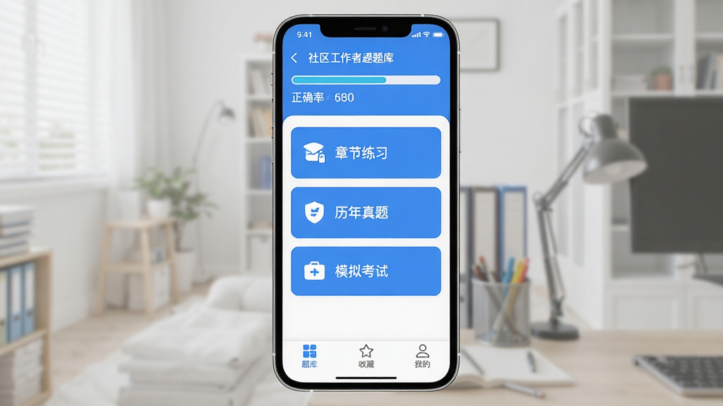 ��������������App������ȫòչʾ���ֻ���Ļ���湹ͼ��������ʾÿ��ˢ�����������ȷ�ʣ��м����½���ϰ���������⡢ģ�⿼����������ڿ�Ƭ���ײ�Ϊ��⡢�ղء��ҵ�����ѡ����������������ɫ���������ˬ����ƽ����ƣ����ֱ�ǩ����������ɾ��޶���Ԫ�أ�������UIչʾͼ