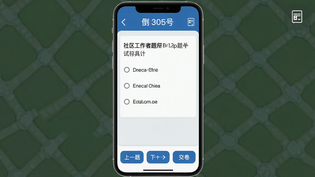 ��������������Appģ�⿼�Խ��棬�ֻ���Ļ���湹ͼ��������ʾ����ʱ�͵�ǰ��ţ��м�Ϊ��ѡ����ɺ��ĸ�ѡ��ײ�����һ�⡢��һ��ͽ�����ť�����Ͻ��д��⿨ͼ�꣬������ɫ�����࿼�Է�Χ����ƽ����ƣ���������������ɾ��޶���Ԫ��
