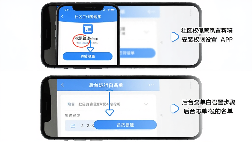 ��������������App���ֻ��ϵİ�װȨ�����ý���ͺ�̨���������ò���չʾ���ֻ���Ļ���湹ͼ���ϰ벿��ΪȨ�޹���ҳ�棬�°벿��Ϊ��̨���а���������ҳ�棬��ע�ؼ�������ť��������ɫ���̷̳������˵������������ɾ�����
