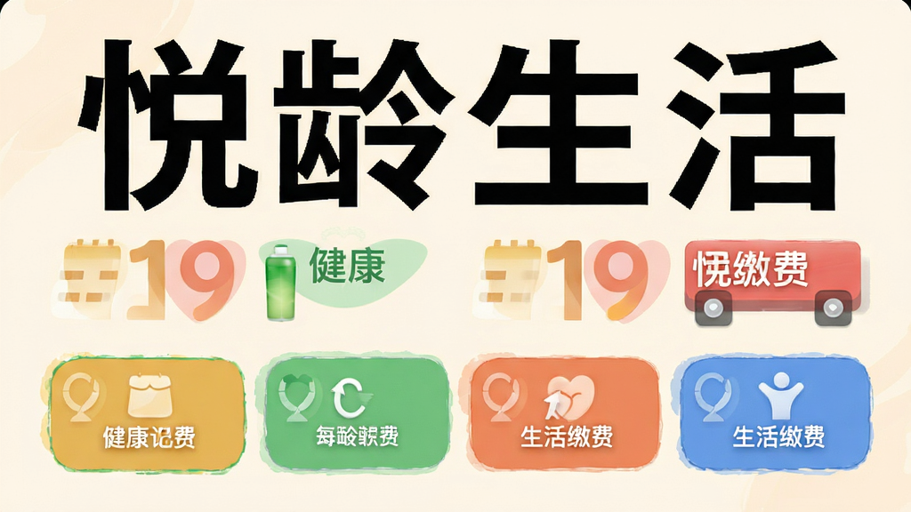 悦龄生活App大字体界面展示,手机屏幕显示超大号文字和图标,健康记录、生活缴费等按钮清晰醒目,背景浅色柔和,字体黑色加粗,图标色彩分明,界面布局宽敞不拥挤,画质干净无多余元素