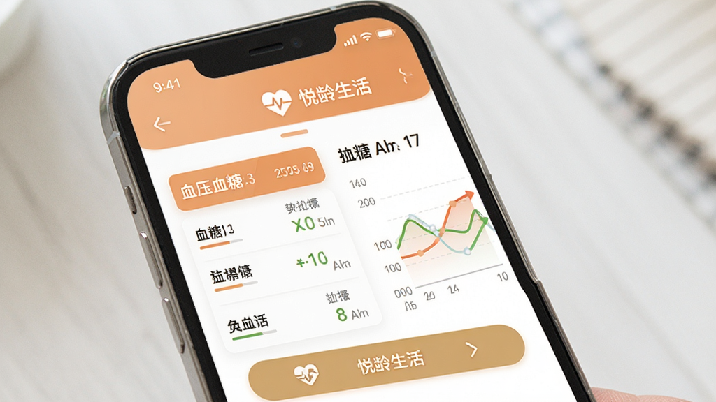 悦龄生活App健康记录页面展示,手机屏幕显示血压血糖记录表格和趋势曲线图,数据清晰可见,界面配色温和,字体大而清晰,按钮标注明确,整体风格简洁实用,画质干净无多余元素