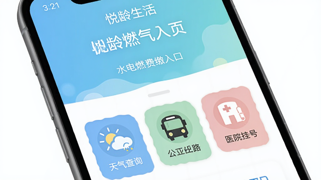 悦龄生活App生活缴费页面展示,手机屏幕显示水电燃气费缴纳入口和便民服务图标,包括天气查询、公交线路、医院挂号等功能按钮,界面布局清晰,字体大而醒目,配色柔和,画质干净无多余元素