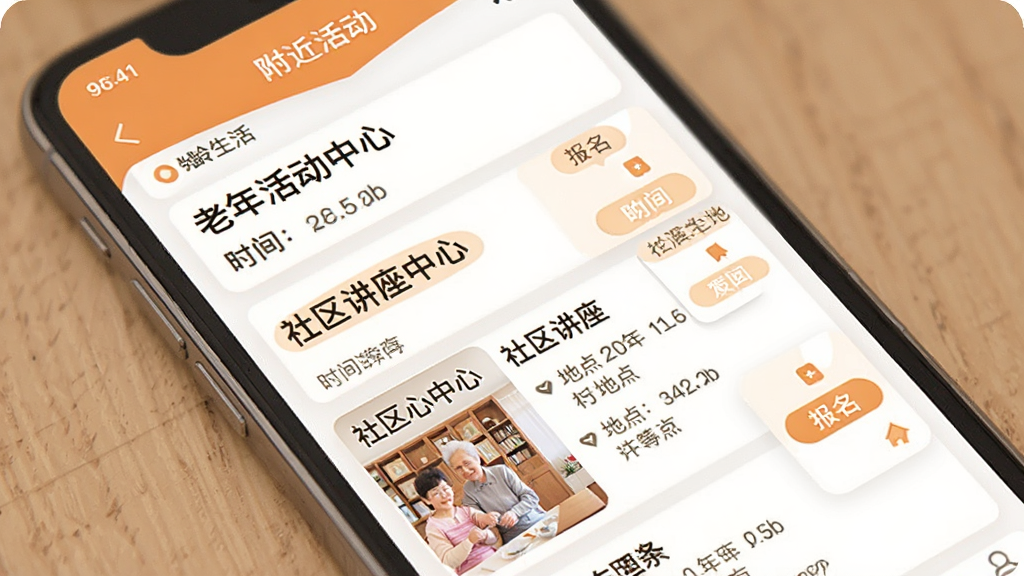 悦龄生活App社区活动页面展示,手机屏幕显示附近活动列表,包含老年活动中心、社区讲座等信息卡片,每张卡片有活动名称、时间地点和报名按钮,界面排版整齐,字体大而清晰,配色温暖,画质干净无多余元素