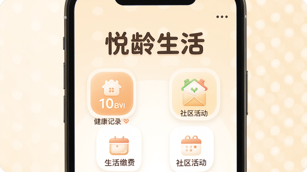 悦龄生活App主界面展示,手机屏幕中央是悦龄生活应用首页,大字体显示健康记录、生活缴费、社区活动等图标,背景温暖米白色调,界面简洁清晰,图标圆润柔和,整体风格温馨友好,画质干净无多余元素