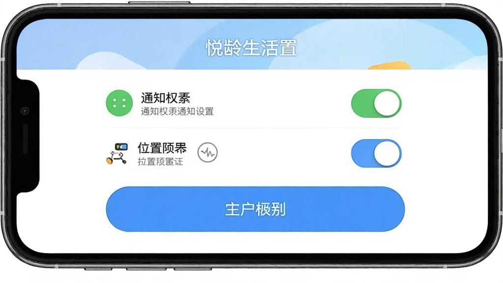 悦龄生活App安装设置界面展示,手机屏幕显示权限设置页面,包含通知权限和位置权限开关,界面有清晰的中文说明文字,配色简洁,按钮大而醒目,整体风格友好易用,画质干净无多余元素