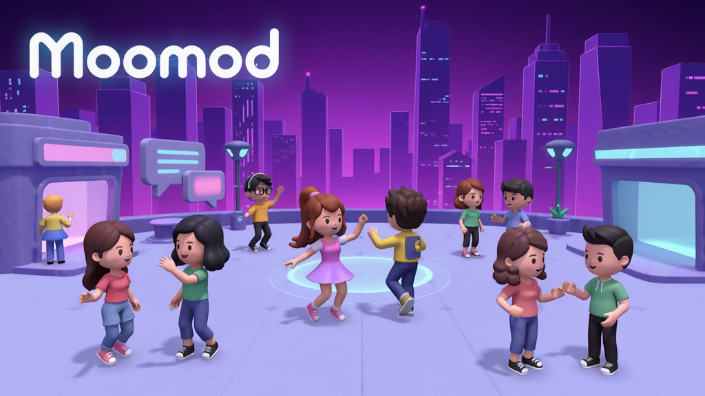 һ��չʾMoomodӦ�ú��Ľ����ȫ��ͼ������������һ������δ���е������罻�㳡���㳡���ж�����͸����3D��ͨ�����ɫ�ڻ������е��������е������죬�����ǽ�����ɫ���޺��������ߣ��������Ͻ�����Ŀ��Moomod��ɫ����Logo��������Ϊ��������ںϿɰ���ͨ��ɫ�����ޣ����ʸɾ����޶���Ԫ��
