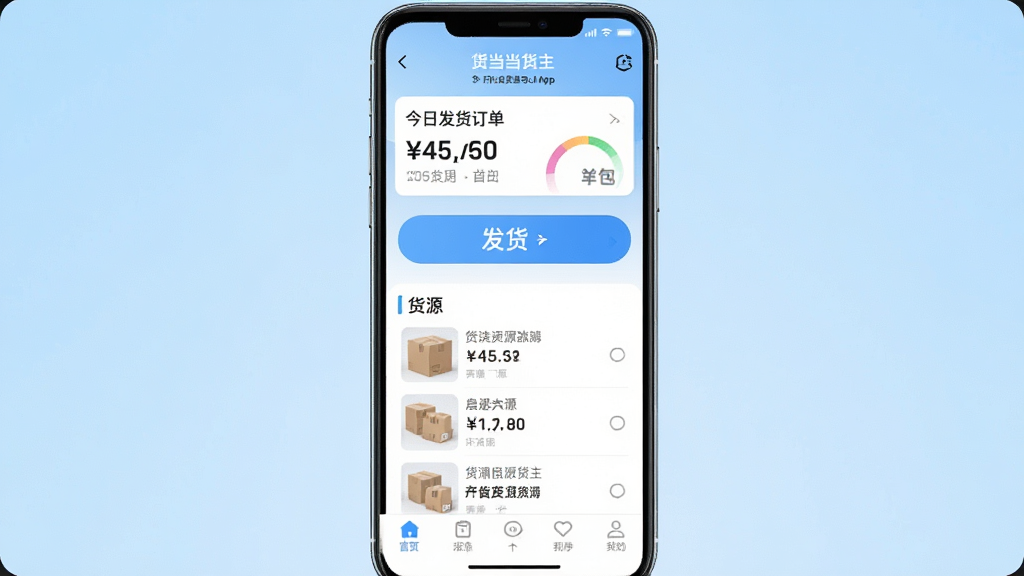 一张手机应用界面截图,居中展示“货当当货主”APP首页,背景是干净的浅蓝色渐变,顶部显示今日发货订单数量,中间是醒目的发货按钮和货源列表,底部导航栏清晰可见,风格简洁现代,画质清晰,无多余元素