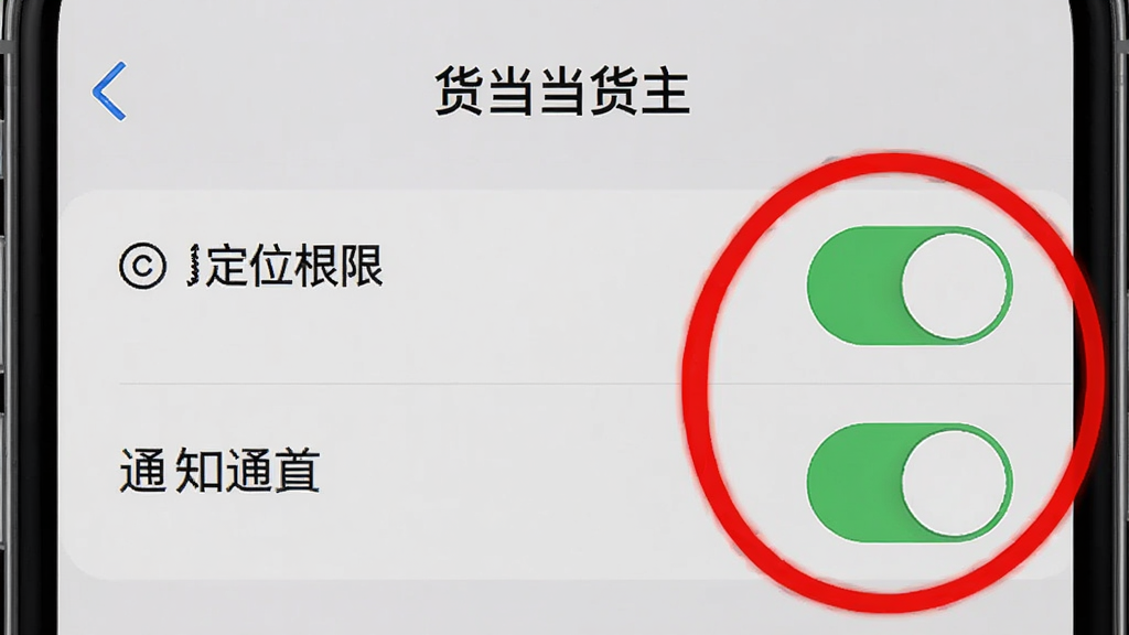一张手机截图风格的示意图,展示“货当当货主”APP的权限设置页面,画面中突出定位权限和通知权限的开关按钮,用红色圆圈标注开启状态,背景为手机系统设置界面,风格写实,画质清晰