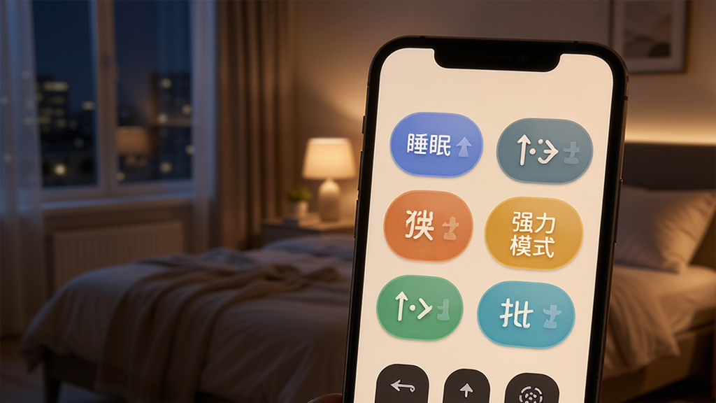 万能空调遥控应用界面特写,手机屏幕显示一键快捷操作面板,面板上有睡眠模式、强力模式、节能模式等场景按钮,按钮设计圆润醒目,背景是夜晚卧室场景,手机屏幕发出柔和光线,风格温馨现代,细节清晰