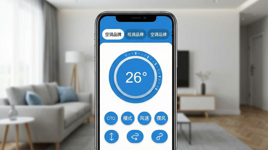 一张展示万能空调遥控应用界面的手机样机图,手机屏幕显示万能空调遥控主界面,界面顶部有空调品牌选择栏,中间是一个大圆形温度调节旋钮显示26度,下方排列着开关、模式、风速、摆风等遥控按钮,整体界面采用清爽的蓝白配色,背景是虚化的现代客厅场景,画面风格简洁现代,细节清晰,画质干净无多余元素