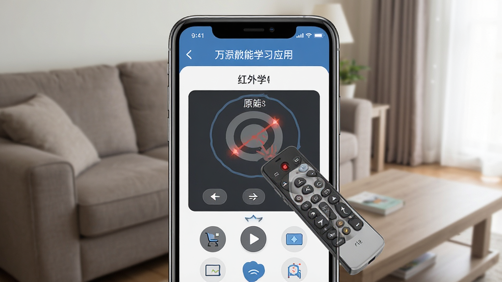 万能空调遥控应用界面截图,手机屏幕显示红外学习功能页面,页面中有动画演示如何用原装遥控器对准手机红外口进行信号学习,界面设计直观易懂,背景是客厅沙发场景,风格写实清晰,画质干净