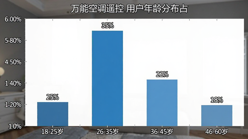 万能空调遥控用户年龄分布柱状图,横轴为年龄段18-25岁、26-35岁、36-45岁、46-60岁,纵轴为用户占比百分比,柱状图显示26-35岁占比最高约35%,18-25岁约25%,36-45岁约22%,46-60岁约18%,图表配色为蓝色系,风格简洁专业,数据标签清晰