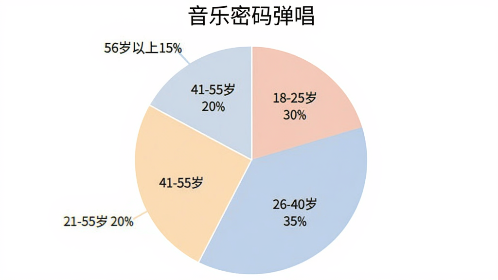 饼状图展示“音乐密码弹唱”用户年龄分布,图表分为四个扇形区域,分别标注“18-25岁 30%”“26-40岁 35%”“41-55岁 20%”“56岁以上 15%”,背景为白色,配色柔和,图表清晰,画质干净无多余元素