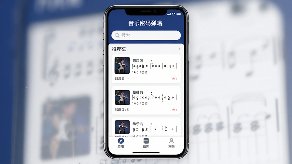 软件主界面展示图,画面中央是手机屏幕,屏幕内显示“音乐密码弹唱”应用的主页面,顶部有搜索栏,中间是推荐曲谱卡片列表,底部有“发现”“曲库”“我的”三个导航图标,整体以深蓝色和白色为主色调,风格简洁现代,布局清晰,画质干净无多余元素,高清渲染