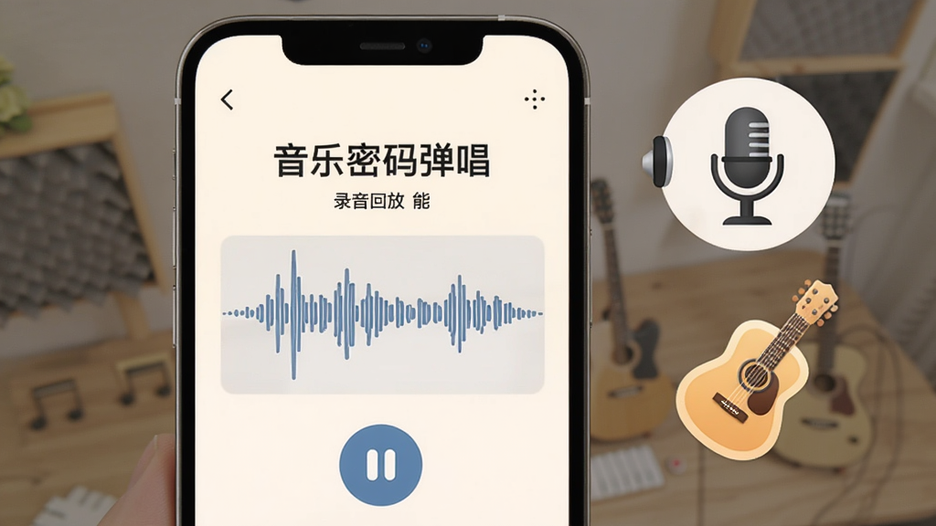 手机屏幕展示“音乐密码弹唱”录音回放功能界面,屏幕上有波形图和播放按钮,背景是浅色主题,旁边有虚拟麦克风和吉他图标,风格清新简洁,布局合理,画质清晰无杂乱元素