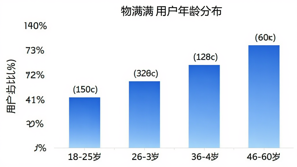 物满满 用户年龄分布柱状图,横轴为年龄段18-25岁、26-35岁、36-45岁、46-60岁,纵轴为用户占比百分比,柱状图颜色为渐变蓝色,图表标题为物满满用户年龄分布,背景白色,数据标签清晰可见,画质干净整洁