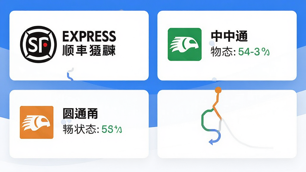 物满满 应用内多平台物流聚合界面截图,画面中同时展示顺丰、中通、圆通三家快递的物流轨迹卡片,每张卡片上有快递公司logo和最新状态文字,布局整齐,蓝白配色,扁平化风格,画质干净清晰