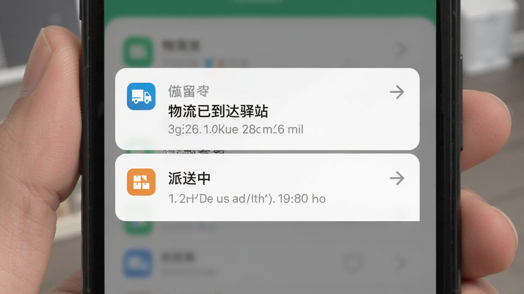 物满满 应用的消息推送提醒界面,手机屏幕上弹出物流状态更新通知,显示包裹已到达驿站和派送中两条消息,通知卡片设计简洁,背景为浅色,画质清晰干净