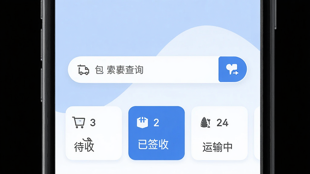 物满满 手机应用主界面展示,中央是醒目的包裹查询搜索框,下方排列着待收、已签收、运输中三个状态卡片,背景是柔和的蓝白色调,简洁干净的扁平化设计风格,画质清晰无多余元素