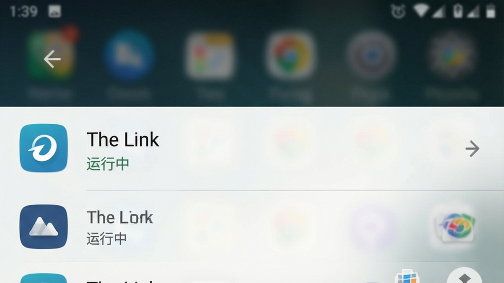 一张手机多任务管理界面的图片,画面中显示“The Link”应用在后台运行列表里,旁边标注“运行中”状态,界面为安卓最近任务样式,背景模糊,前景清晰,画质干净,无多余元素