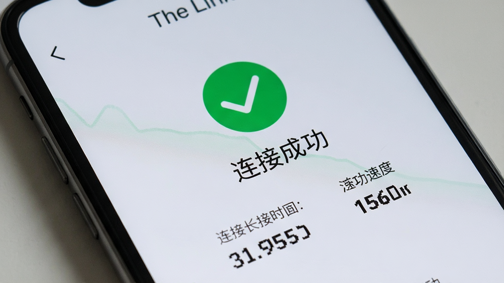 一张手机屏幕特写图,显示“The Link”应用的连接成功界面,屏幕中央有一个绿色的对勾图标和文字“连接成功”,下方显示连接时长和速度数值,界面背景为浅灰色,文字清晰,风格简约,画质干净无多余元素