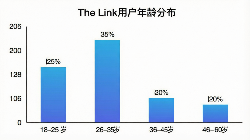 一张柱状图风格的图片,横轴显示不同年龄段,纵轴显示用户占比,柱状图颜色为蓝色渐变,标题为“The Link用户年龄分布”,数据大致为18-25岁占25%,26-35岁占35%,36-45岁占20%,46-60岁占20%,画面简洁,数据标签清晰,画质干净