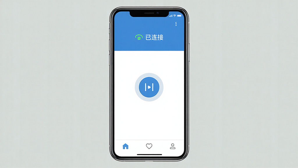 一张手机应用界面展示图,画面中央是“The Link”应用的主界面,采用极简蓝白配色,顶部显示连接状态图标和文字“已连接”,中间是一个圆形的连接按钮,底部有三个简洁的导航图标,背景干净无广告,整体风格现代扁平,画质清晰,无多余元素