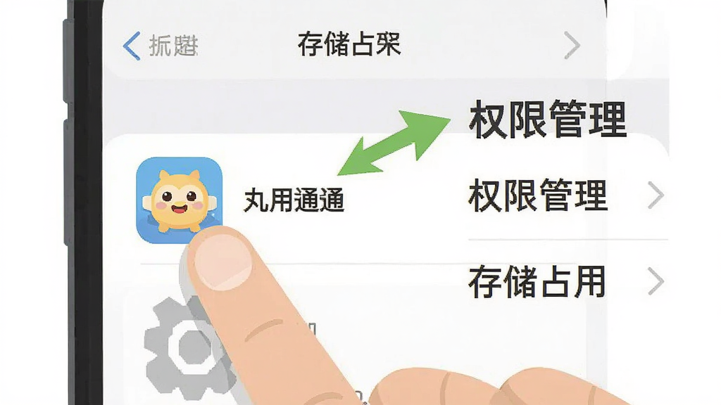 一张展示手机设置界面的示意图,画面中手指正在点击“应用管理”中的“丸子通通”图标,旁边有箭头指向“权限管理”和“存储占用”选项,风格为扁平化教程插图,画质干净,无多余元素