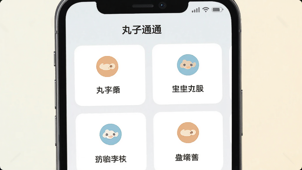 一张展示“丸子通通”App内部功能列表的手机截图风格图片,画面中手机屏幕显示多个功能卡片,卡片上有小图标和文字标签,背景是浅色系,风格为简洁扁平化,画质干净,无多余元素