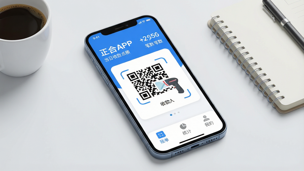 一张展示正合APP核心全貌的图片,主体是一个现代智能手机,屏幕亮起显示正合APP的主界面,界面以蓝白为主色调,顶部显示当日收款总额和笔数,中间是醒目的收款二维码和扫码枪图标,底部为账单、统计和我的三个选项卡,背景是干净的浅灰色工作室桌面,旁边放着一杯咖啡和一本笔记本,风格现代扁平,细节圆润,画质清晰,干净,无多余元素