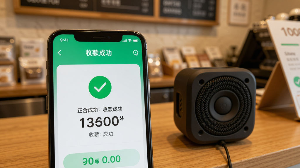一张展示正合APP在手机上稳定运行的图片,主体是一个手机特写,屏幕显示正合APP的收款成功界面,有绿色的对勾和金额数字,手机旁边放着一个蓝牙小音箱,背景是温馨的小店柜台,风格写实,细节清晰,画质干净,无多余元素