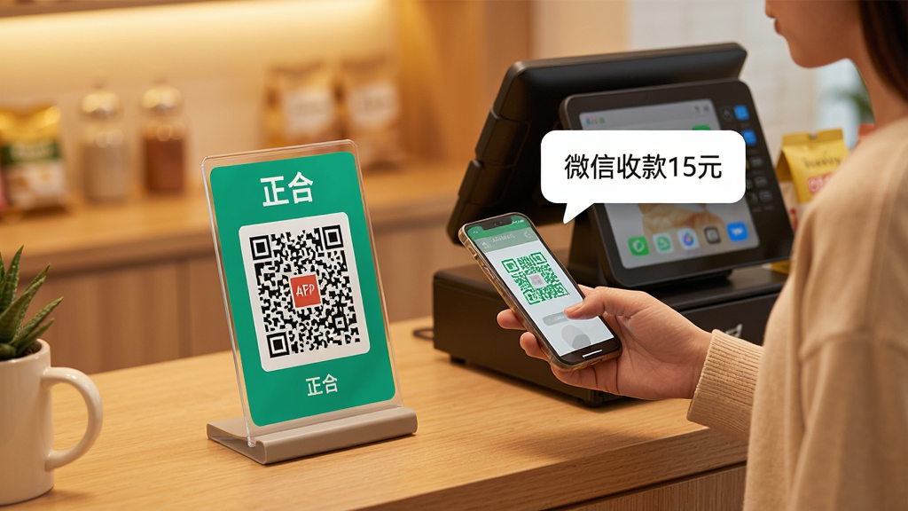 一张展示正合APP聚合收款功能的图片,主体是一个收银台场景,桌上立着正合的收款码牌,一位顾客正用手机扫码,旁边有一个悬浮的语音播报气泡显示“微信收款15元”,画面色彩温暖,布局清晰,风格写实,细节丰富,画质干净,无多余元素