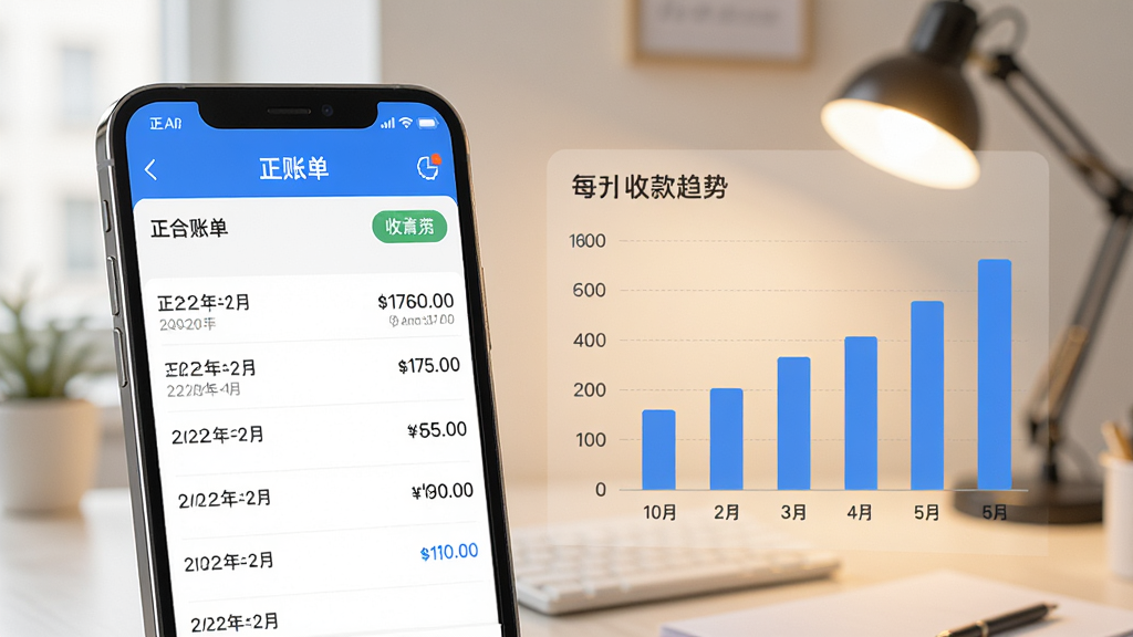 一张展示正合APP账单对账功能的图片,主体是一个手机屏幕特写,屏幕上显示正合APP的账单页面,有清晰的日期列表和金额汇总,旁边有柱状图展示每日收款趋势,背景是柔和的办公室灯光,风格简约现代,细节清晰,画质干净,无多余元素