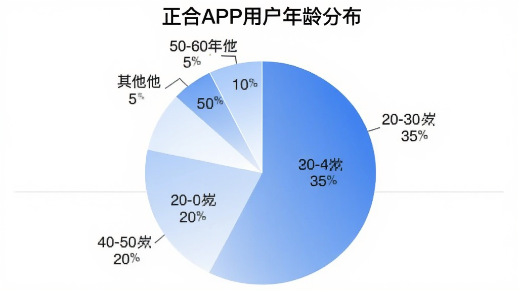 一个饼状图,标题为“正合APP用户年龄分布”,图表显示20-30岁占比35%,30-40岁占比30%,40-50岁占比20%,50-60岁占比10%,其他占比5%,配色采用蓝白渐变,风格简洁专业,数据标签清晰,背景干净,无多余元素