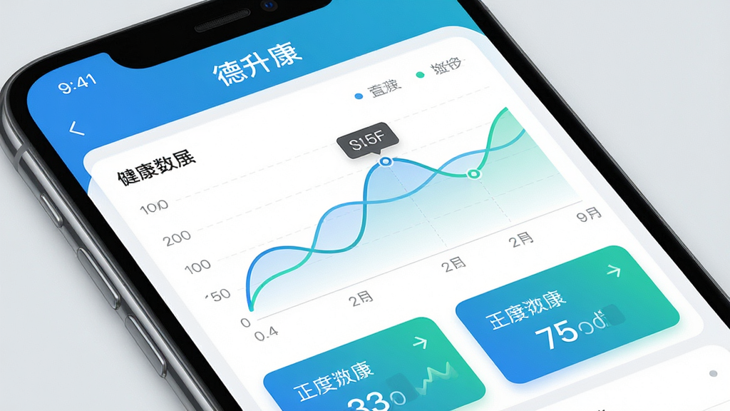 展示德升康软件内健康数据记录页面的特写,手机屏幕中央显示折线图和数字卡片,图表线条流畅,颜色以蓝绿为主,界面排版整齐,风格清爽简约,细节精致,画质高清干净,背景为纯色浅灰,屏幕中带有德升康字样。
