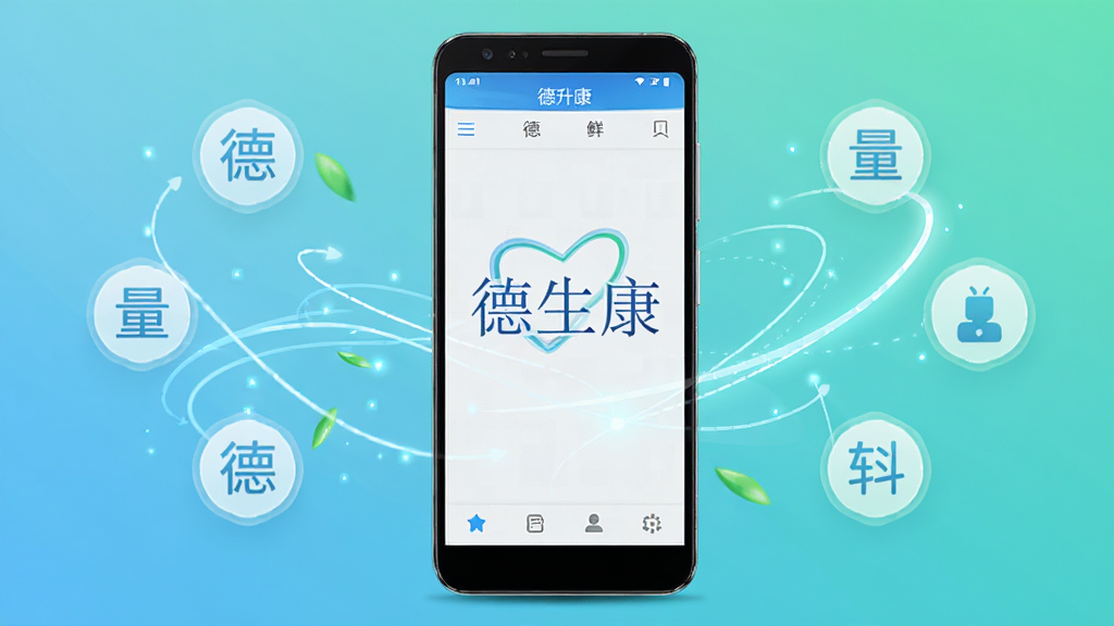 展示德升康软件在安卓手机上的轻量运行状态,手机屏幕显示德升康主界面,旁边有象征流畅运行的动态线条和轻量图标,布局以手机为中心,排版对称,风格科技感与清新感结合,细节干净,画质清晰无杂乱元素,屏幕中带有德升康文字。