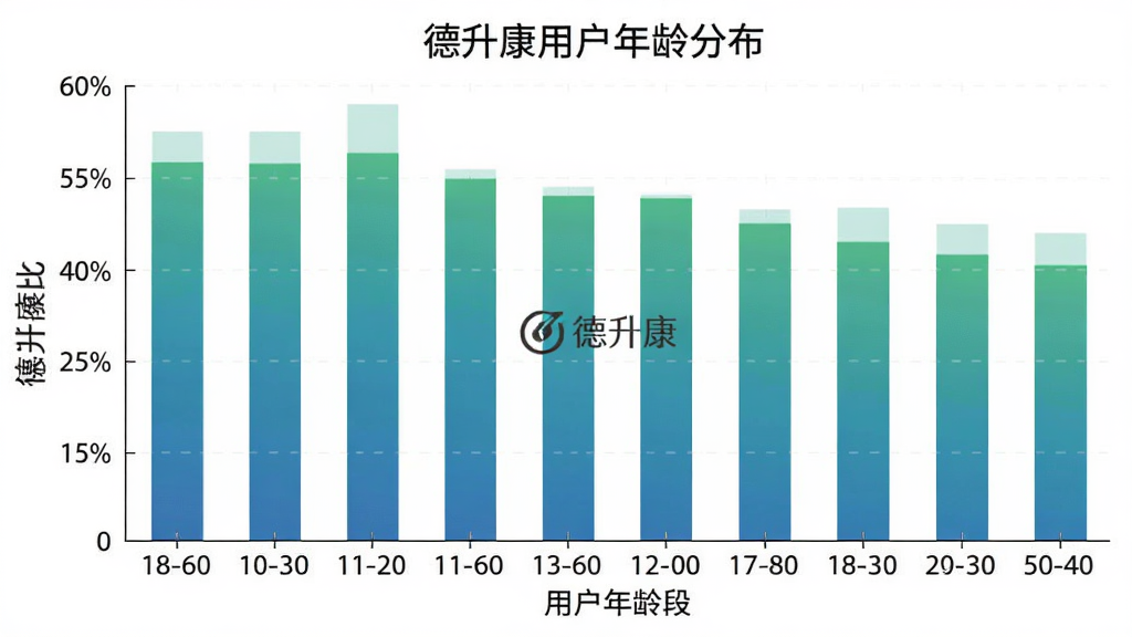 展示不同年龄段用户使用德升康的柱状图,图表标题为德升康用户年龄分布,横轴为18-60岁年龄段,纵轴为用户占比,柱状颜色为渐变蓝绿,布局居中,风格数据可视化,细节清晰,画质干净无多余元素,图表中带有德升康文字。