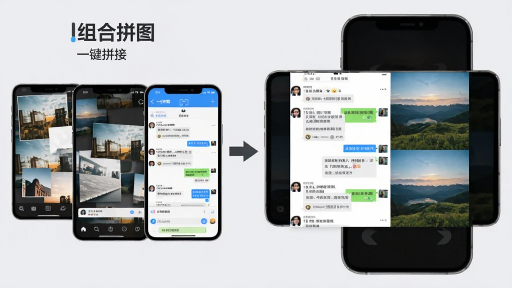 一张组合拼图软件智能长图拼接功能的示意图,画面左侧是三部手机屏幕分别显示零散的照片和聊天截图,中间有箭头指向右侧一部大屏手机,大屏手机上展示着一张完整无缝的长图,长图内容包含聊天记录和风景照片,整体布局从左到右呈现拼接过程,风格为扁平化科技感插画,背景为浅灰色,细节清晰,画质干净无多余元素,图中文字为中文“组合拼图”“一键拼接”