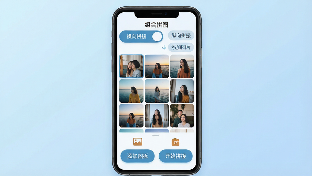 一张展示组合拼图软件核心功能的手机应用界面截图,画面中央是手机屏幕,屏幕内显示组合拼图的主界面,上方有横向和纵向拼接模式切换按钮,中间是照片网格排列预览区域,下方有添加图片和开始拼接的按钮,整体背景为浅蓝色渐变,风格简洁现代扁平化,细节圆润清晰,画质干净无多余元素,图中文字为中文“组合拼图”“横向拼接”“纵向拼接”“添加图片”