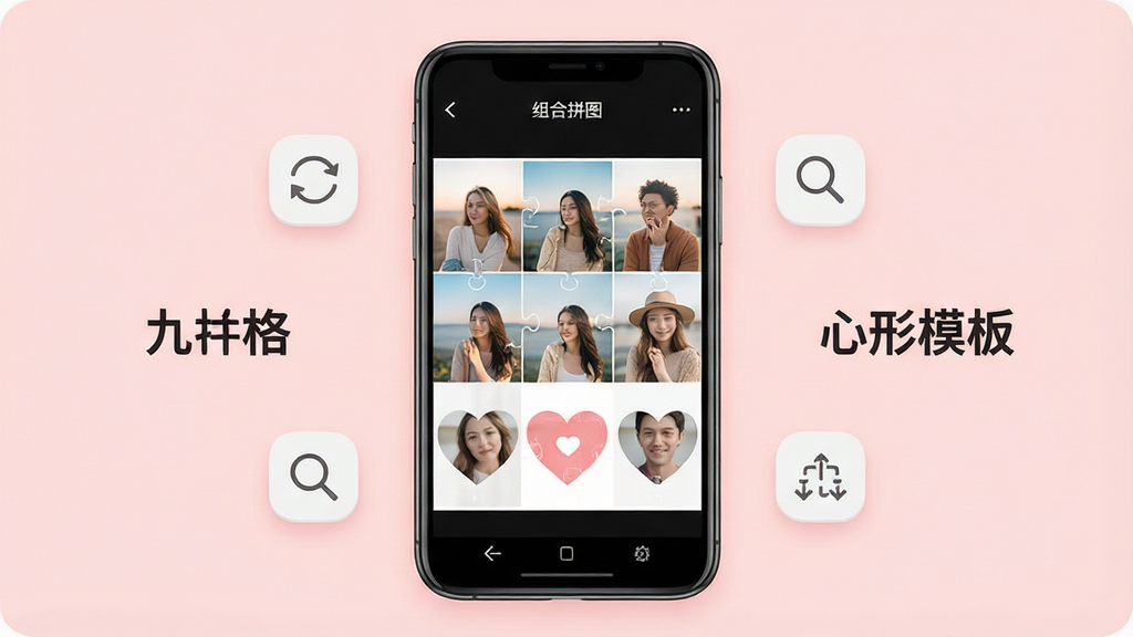 一张组合拼图软件自由拼图模板功能的展示图,画面中央是一部手机屏幕显示拼图编辑界面,屏幕内有多张照片被排列成九宫格和心形模板,周围漂浮着几个小图标代表旋转、缩放、替换功能,整体布局居中对称,风格为清新明亮的扁平化设计,背景为淡粉色,细节圆润,画质干净无多余元素,图中文字为中文“组合拼图”“九宫格”“心形模板”