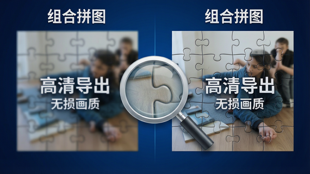 一张组合拼图软件高清无损导出功能的对比示意图,画面左侧显示一张模糊的低质量拼接图,右侧显示一张清晰锐利的高质量拼接图,中间有一个放大镜图标突出细节对比,整体布局左右对比鲜明,风格为写实科技风,背景为深蓝色渐变,细节清晰,画质干净无多余元素,图中文字为中文“组合拼图”“高清导出”“无损画质”