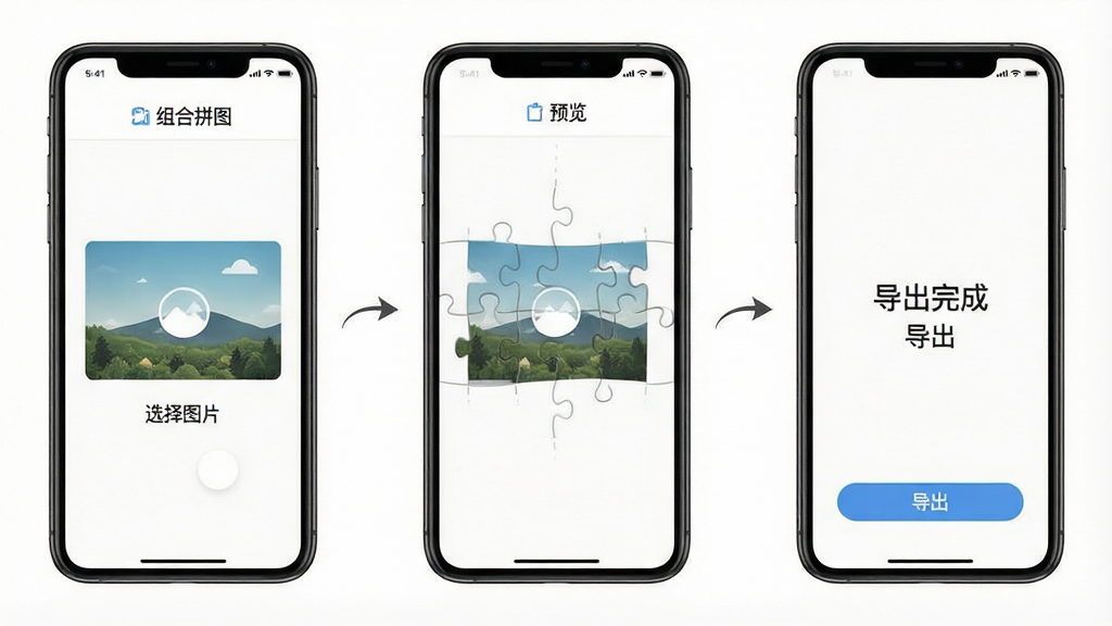一张组合拼图软件极简操作流程的步骤示意图,画面从左到右依次排列三个手机屏幕,第一个屏幕显示图片选择界面,第二个屏幕显示拼接预览界面,第三个屏幕显示导出完成界面,屏幕之间有箭头连接,整体布局横向排列清晰,风格为扁平化UI展示,背景为白色,细节简洁,画质干净无多余元素,图中文字为中文“组合拼图”“选择图片”“预览”“导出”