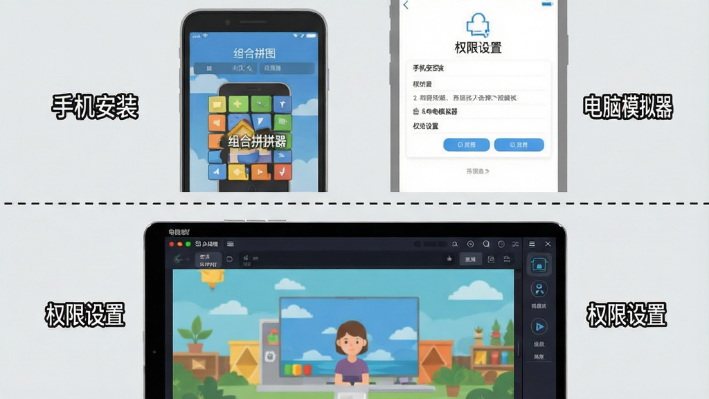 一张组合拼图软件新手操作步骤的示意图,画面分为上下两部分,上半部分展示手机端安装和权限设置界面,下半部分展示电脑端模拟器运行界面,中间用虚线分隔,整体布局清晰,风格为教程类扁平插画,背景为浅灰色,细节明确,画质干净无多余元素,图中文字为中文“组合拼图”“手机安装”“电脑模拟器”“权限设置”