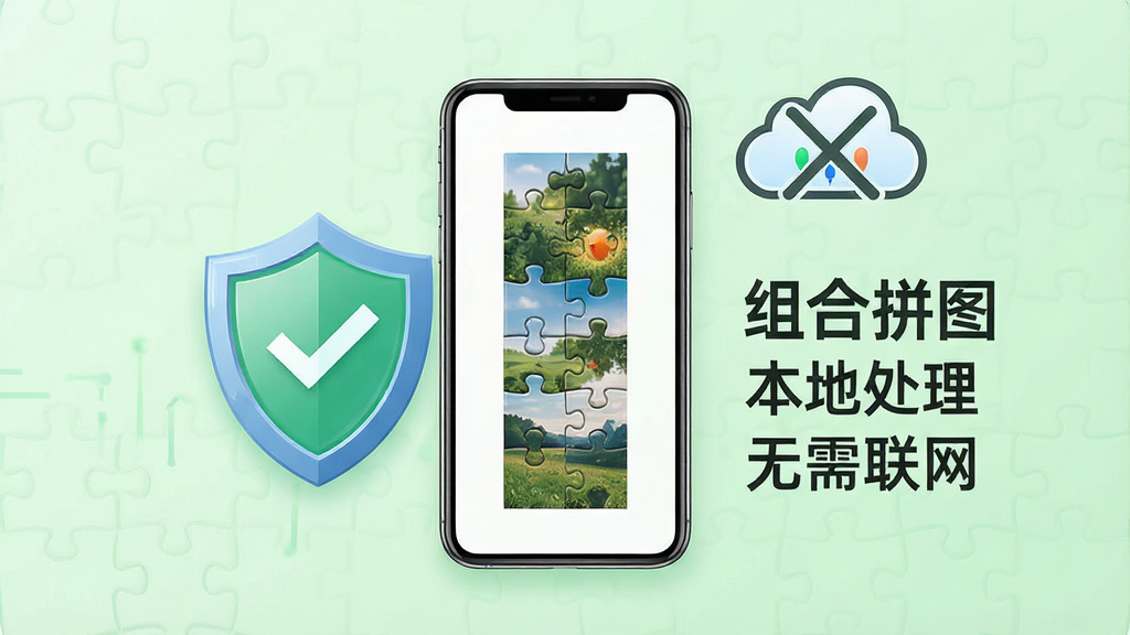 一张组合拼图软件离线本地处理功能的示意图,画面中央是一部手机,手机周围有一个盾牌图标代表安全保护,手机屏幕显示拼接完成的长图,背景中有云朵图标被打上斜杠表示无需联网,整体布局居中,风格为安全科技风,背景为浅绿色,细节清晰,画质干净无多余元素,图中文字为中文“组合拼图”“本地处理”“无需联网”