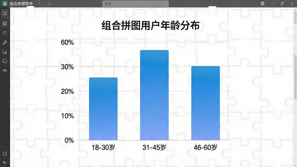 一张组合拼图软件用户年龄分布柱状图,画面中央是一个柱状图,横轴标注年龄区间“18-30岁”“31-45岁”“46-60岁”,纵轴标注百分比“0%”“10%”“20%”“30%”“40%”,三根柱子分别对应35%、40%、25%,柱子颜色为蓝色渐变,图表上方有标题“组合拼图用户年龄分布”,整体布局居中,风格为简洁数据可视化,背景为白色,细节清晰,画质干净无多余元素