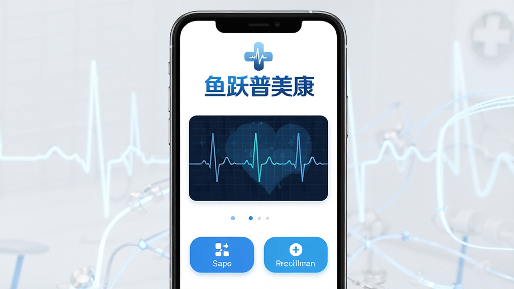 主体是一个简洁的手机应用界面,屏幕中央显示“鱼跃普美康”软件名称和心电波形图,布局为上下结构,上方是品牌Logo和软件名称,中间是动态心电波形展示,下方是功能按钮,排版清晰有序,风格为现代医疗科技风,细节上采用蓝白配色、圆角图标、简洁线条,画质高清、干净、无多余元素