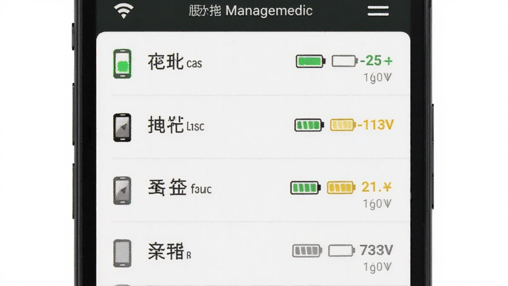 主体是手机屏幕显示设备管理列表,布局为列表式排版,每行显示设备名称、电量图标、连接状态,风格为简洁工具类App界面,细节包括绿色在线标识、黄色低电量提醒、灰色离线状态,画质高清、干净、无多余元素