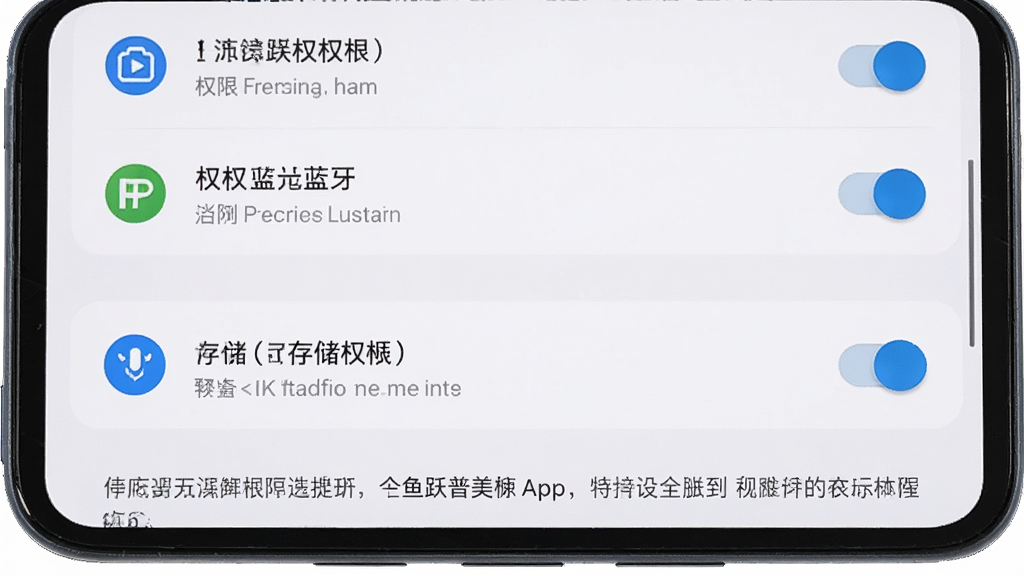 主体是手机屏幕显示鱼跃普美康App的权限设置界面,布局为上下结构,上方是权限列表,中间是蓝牙和存储权限开关,下方是提示文字,排版清晰,风格为安卓系统设置界面风格,细节包括权限图标、开关按钮、说明文字,画质高清、干净、无多余元素